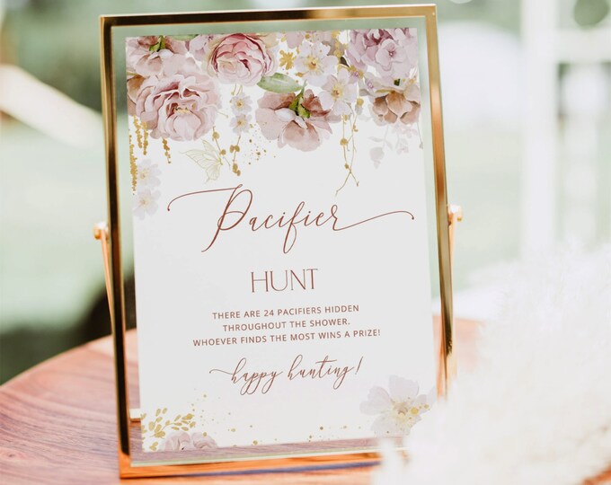 Boho Pacifier Hunt Sign. Garden floral Pacifier hunt Sign. Gender neutral Baby Shower Game. Garden Find The Pacifier Instant Download #gar1