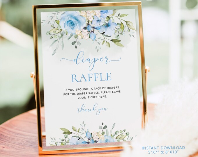 Blue Floral diaper raffle sign. Eucalyptus diaper raffle sign. Greenery diaper raffle sign Instant Download #fl3