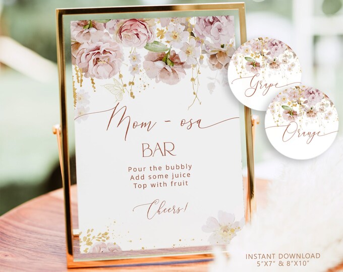 Garden floral Mom-osa Bar Sign, Boho floral Bubbly Bar Sign.  Boho floral momosa bar juice tags #gar1