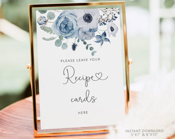 Dusty blue place recipe cards sign. Elegant floral place your recipe cards here sign. Instant Download #dus