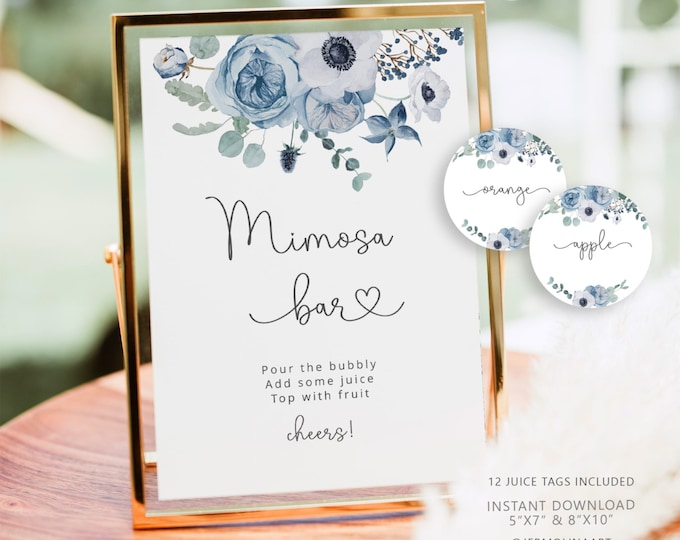 Dusty blue Mimosa Bar Sign, Bridal Bar Printable, Dusty blue Bubbly Bar Sign, Eucalyptus Bridal Shower Decoration Sign #dus