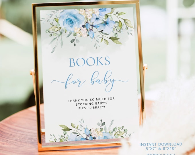 Blue Floral Books for Baby sign, Baby Shower Book Request Card, Boy Book Request sign, Bring A Book Instead of a card #fl3