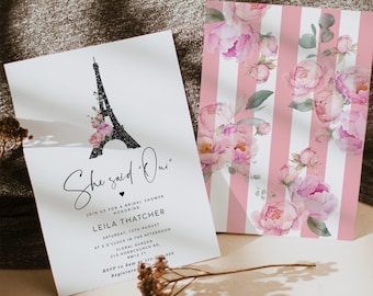 She said Oui bridal shower invitation. Parisian style minimalist bridal shower invite. Editable Paris bridal shower invitation Corjl #par1