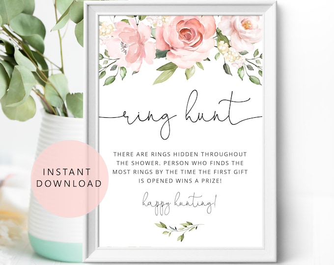 Blush Ring Hunt Game. Floral Ring Hunt Sign. Blush Pink Bridal Shower Game. Instant Download #br2