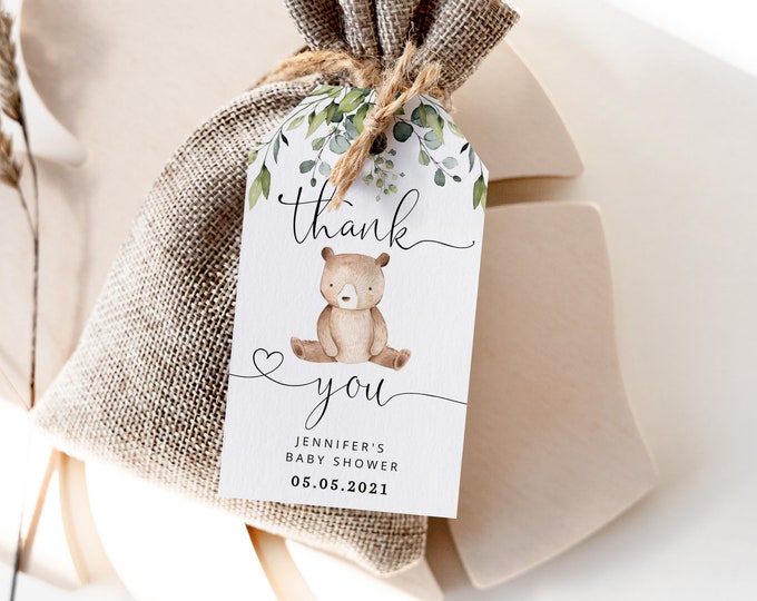 Bear baby shower thank you tag. We can bearly wait favor tag template.  Editable Bear favor tag. Woodland baby shower favor tag. #w5