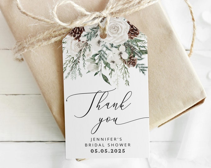 Winter bridal shower favor tag template. Evergreen Thank You Tag Template. Editable winter thank you tag #ev1