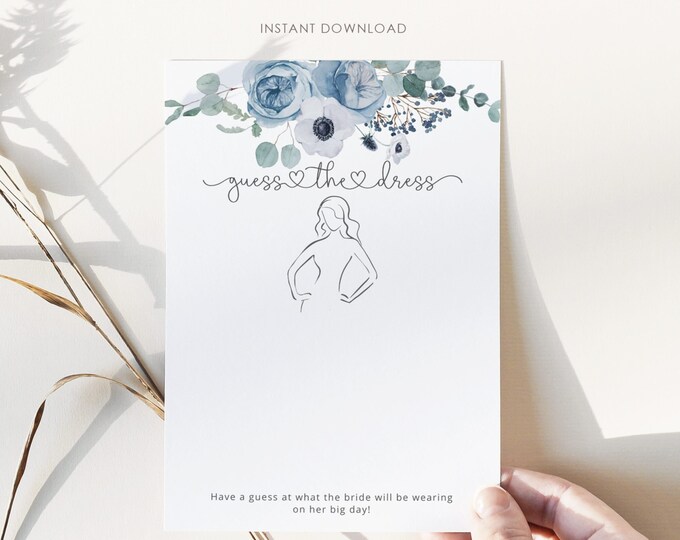 Dusty blue Guess the dress Bridal Game, Anemone Eucalyptus guess the dress Elegant minimalist guess the dress game Instant Download #dus