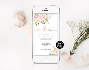 Baby in bloom baby shower e-vite. Blush gold floral electronic invitation  #fl1