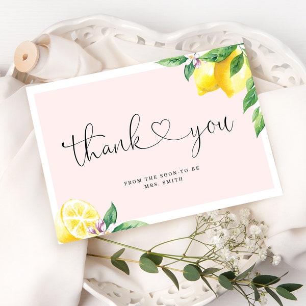 Lemon Thank You Cards Printable Template.  Bridesmaid thank you card. Greenery bridal showerThank You Card. Bohemian Thank You Note. #lem1