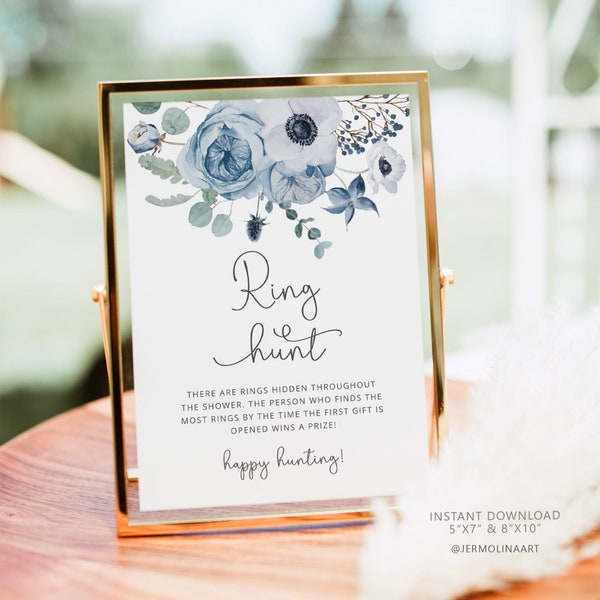 Dusty blue Ring Hunt Game. Floral Ring Hunt Sign. Elegant dusty blue Bridal Shower Game. Instant Download #dus