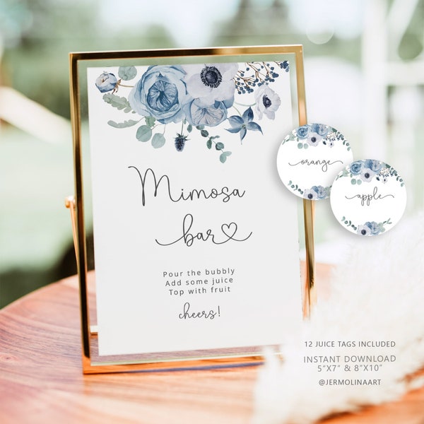 Dusty blue Mimosa Bar Sign, Bridal Bar Printable, Dusty blue Bubbly Bar Sign, Eucalyptus Bridal Shower Decoration Sign #dus