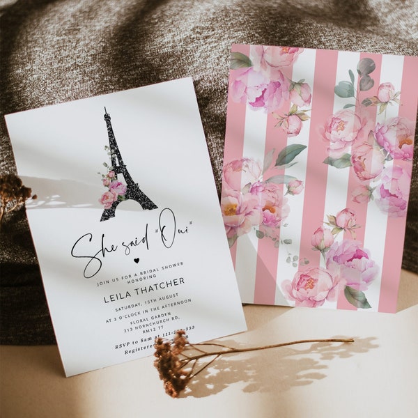 She said Oui bridal shower invitation. Parisian style minimalist bridal shower invite. Editable Paris bridal shower invitation Corjl #par1