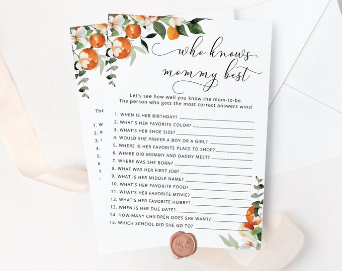 Citrus Who Knows Mommy Best. Little cutie is on the way baby shower games.  Printable Orange baby shower games. Instant Download #or2