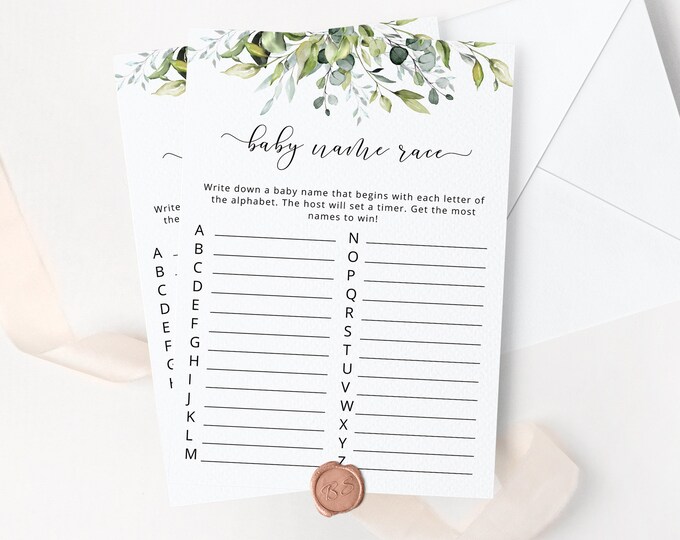 Baby name race Baby Shower Game. Greenery baby name race game. Greenery Guessing Game. Greenery Baby Shower Games. Instant Download #02