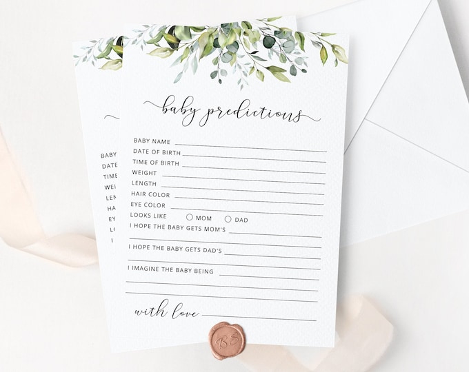 Baby predictions card. Greenery Baby Shower Games. Greenery predictions for baby card. Instant Download #02