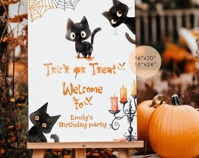 Cute black cat birthday welcome sign. Trick or treat cute Halloween party welcome sign template. Spooktakular party welcome sign #hp1