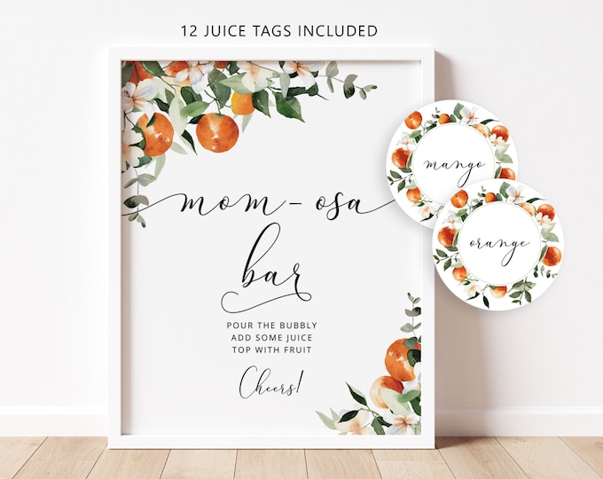 Orange Mom-osa Bar Sign, Orange fruit Bubbly Bar Sign. Little cutie is on the way Baby Shower Decoration, Mom-osa bar juice tags #or2