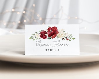 Burgundy Place Cards Template. Floral Printable Place Card. Wedding Name Cards  Editable Corjl template. #br5