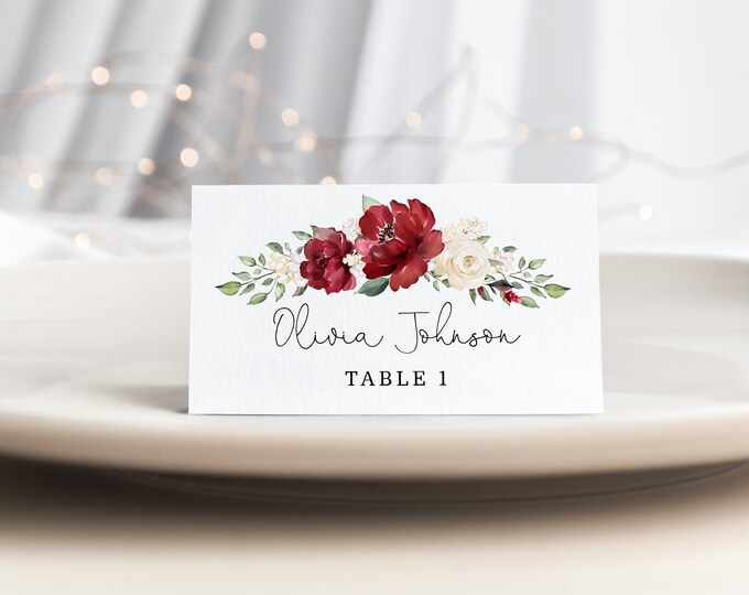 Burgundy Place Cards Template. Floral Printable Place Card. Wedding Name Cards  Editable Corjl template. #br5