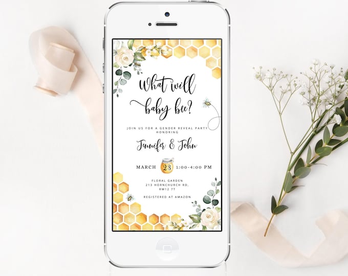 What will baby bee gender reveal  e-vite. Bee gender reveal electronic invitation. Bee e-vite gender reveal #bee