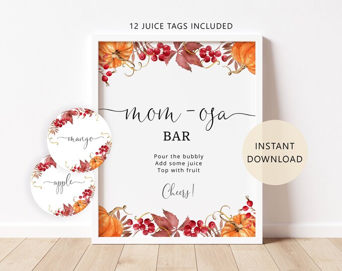 Pumpkin Mom-osa Bar Sign, Fall Bubbly Bar Sign. Pumpkin Baby Shower Decoration Signs, fall mom-osa bar juice tags #p1