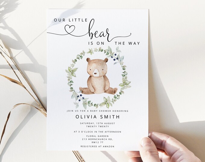Little bear Baby Shower Invitation. Little cub  Baby Shower Invitation. Woodland Baby Shower invitation. Bear baby shower #w1