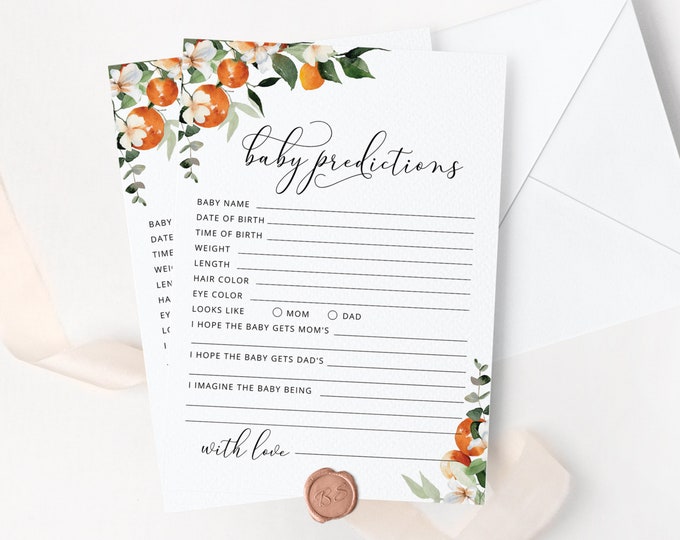 Oranges Baby predictions card. Citrus Baby predictions card. Little cutie baby shower games. Citrus predictions card #or2