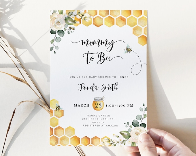 Mommy to bee baby shower invitation. Bee baby shower invitation. Mommy to bee invitation, honey bee Corjl Printable #bee