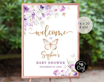 Butterfly baby shower welcome sign.  Editable purple gold baby shower welcome sign template. Butterfly kisses and baby wishes shower #06