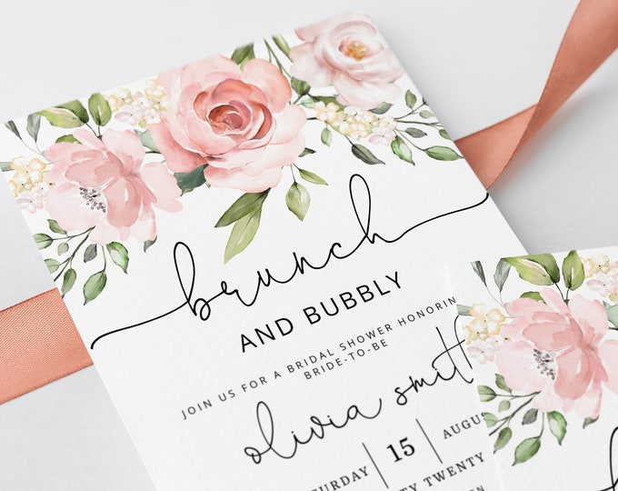 Brunch and Bubbly bridal shower invitation template. Pink roses eucalyptus Bridal Shower Invite. Instant download. #br2