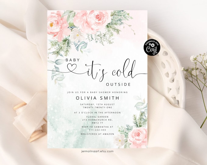 Blush floral Baby its cold outside baby shower. Girl winter baby shower invitation #wb5
