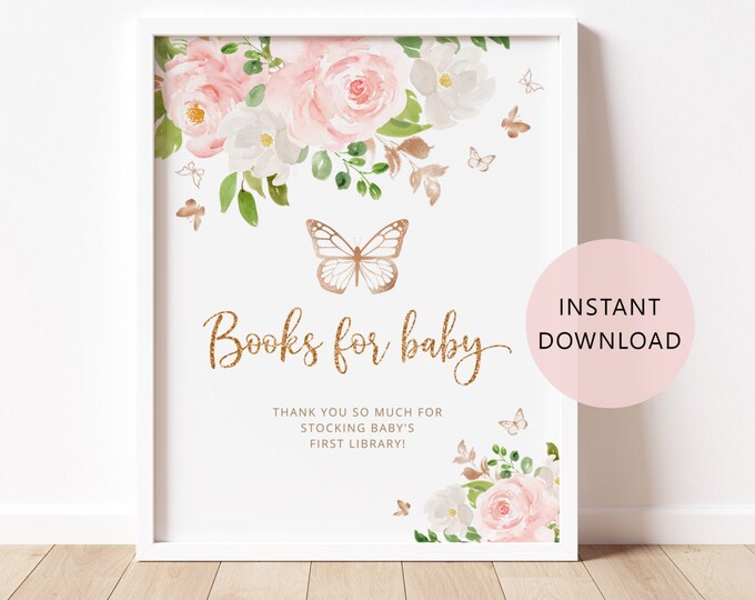 Butterfly  Books for Baby sign, Blush Baby Shower Book Request Card, Butterfly Book Request sign, Bring A Book Instead of a card #05