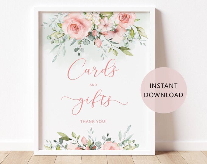 Floral Cards and Gifts Sign in 2 Sizes. Blush pink Cards and Gifts Sign. Floral baby shower Instant Download #fl2