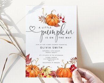 Pumpkin Baby Shower Invitation. Fall Baby Shower Invitation template. Little Pumpkin Baby Shower Invite.  Corjl Instant download #p1