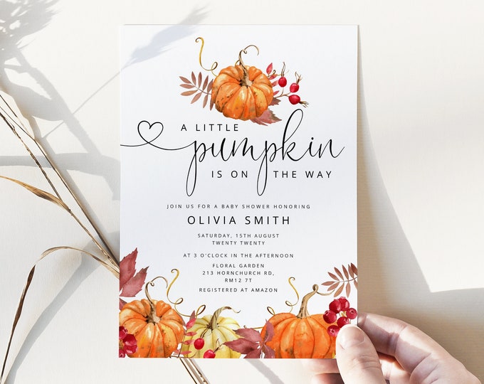 Pumpkin Baby Shower Invitation. Fall Baby Shower Invitation template. Little Pumpkin Baby Shower Invite.  Corjl Instant download #p1