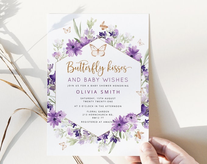 Butterfly baby shower Invitation template. Lavender gold Baby girl Shower Invitation. Butterfly kisses and baby wishes baby shower #06