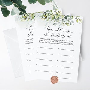 Greenery How Old was the Bride, Guess the Brides Age bridal shower game. Eucalyptus Bridal Shower Games Instant Download #01