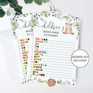 Pictionnaire d'Emoji de livre pour enfants. Woodland Baby Shower emoji jeu de devinettes avec réponses. Douche de bébé ours Téléchargement instantané #w1