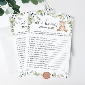 Chi conosce meglio la mamma. Gioco di baby shower dell&#39;orsetto. Gioco stampabile per Baby Shower con orsacchiotto. Download istantaneo #w1