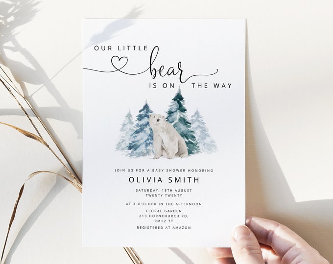 Little bear Baby Shower Invitation. Editable Pine Trees  Baby Shower Invitation. Rustic Pine Tree Winter Baby Shower. Polar bear #ad1