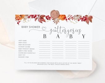Pumpkin Baby Shower scattergories. Fall Baby Shower games. Fall baby shower scattergories. fall baby shower activities. Instant Download #p1
