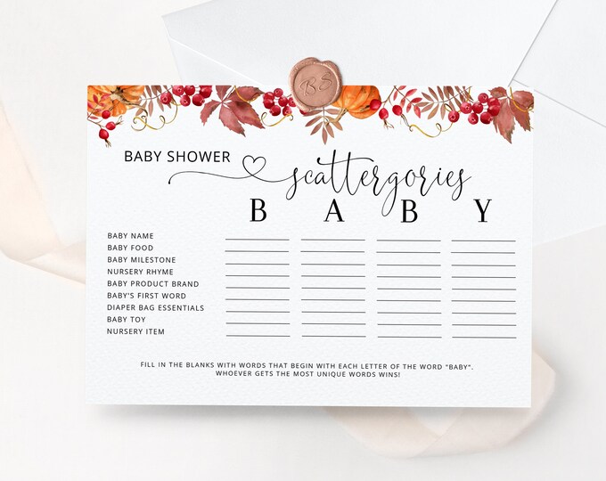 Pumpkin Baby Shower scattergories. Fall Baby Shower games. Fall baby shower scattergories. fall baby shower activities. Instant Download #p1