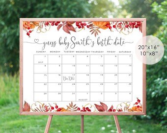 May include: A printable baby shower game sign with an autumn theme. The sign features a calendar with the text "guess baby Smith's birth date" and a floral border with leaves, pumpkins, and berries in shades of orange, red, and brown. The sign is 50.8 cm by 40.6 cm and 25.4 cm by 20.3 cm.