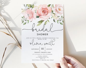 Bridal shower invitation template. Pink roses Bridal Shower Invite. Mlush floral bridal shower invite Instant download #br2