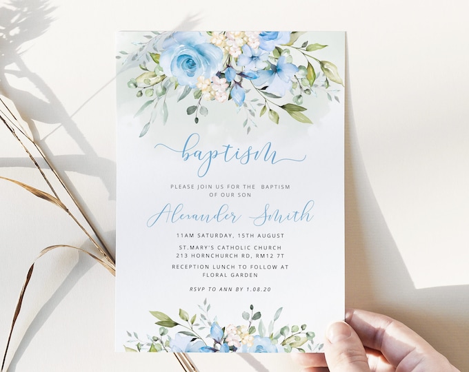 Printable Boy Baptism Invitation. First Holy Communion Invitation. Blue floral Baptism Invite Template. Christening invitation #fl3