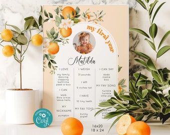 Cutie milestone Birthday board. Editable photo Little cutie 1st birthday infographic Milestone poster. Corjl editable template #ct1