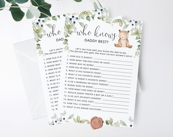 Who Knows Daddy Best game. Little bear who knows daddy best baby shower game. Woodland Baby Shower Game. Instant Download #w1