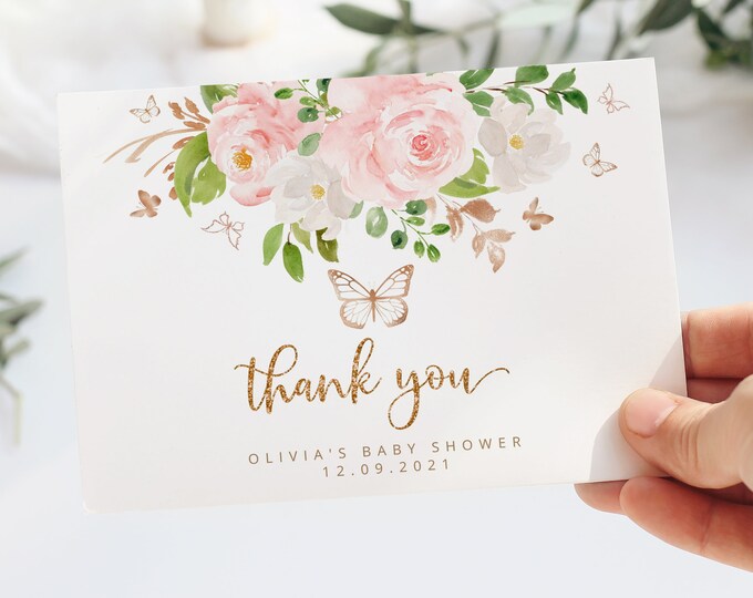 Butterfly Thank You Card Printable Template. Gold blush Girl baby shower thank you card. Gold blush pink baby shower. Instant download #05