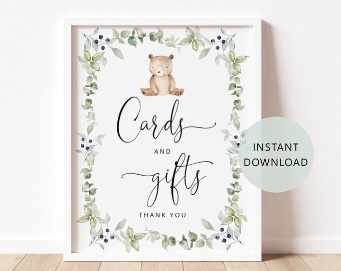 Bear Cards and Gifts Sign in 2 Sizes. Little bear greenery Cards & Gifts Sign. Instant Download #w1