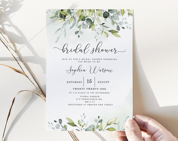 Greenery bridal shower invitation template. Greenery Bridal Shower Invite template. Instant download #01